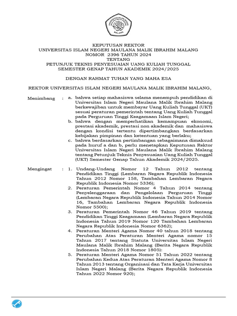 SK Rektor 2396 Juknis Penyesuaian UKT | PDF