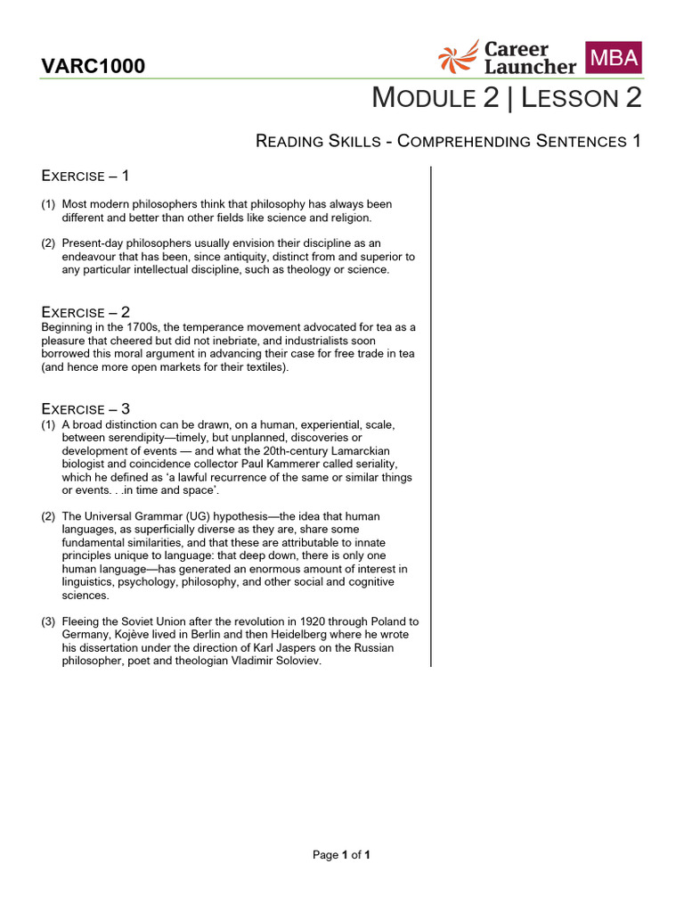 Reading Skills: Comprehending Sentences | PDF