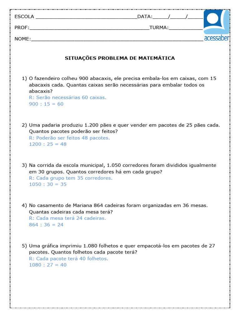 Situações Problema de Divisão 5º Ano | PDF