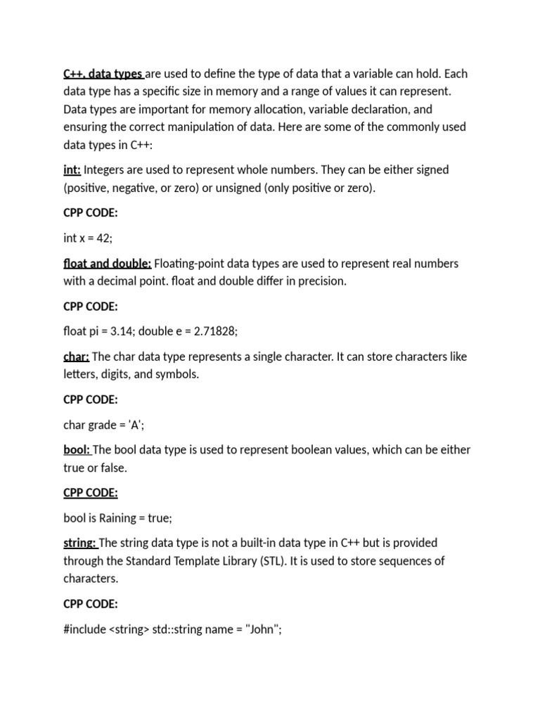 Data Types in C++language | PDF