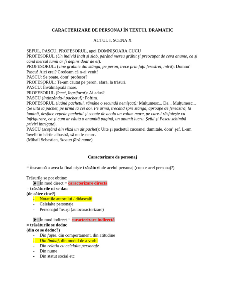 Caracterizare de Personaj Pe Text Dramatic-Sub II | PDF