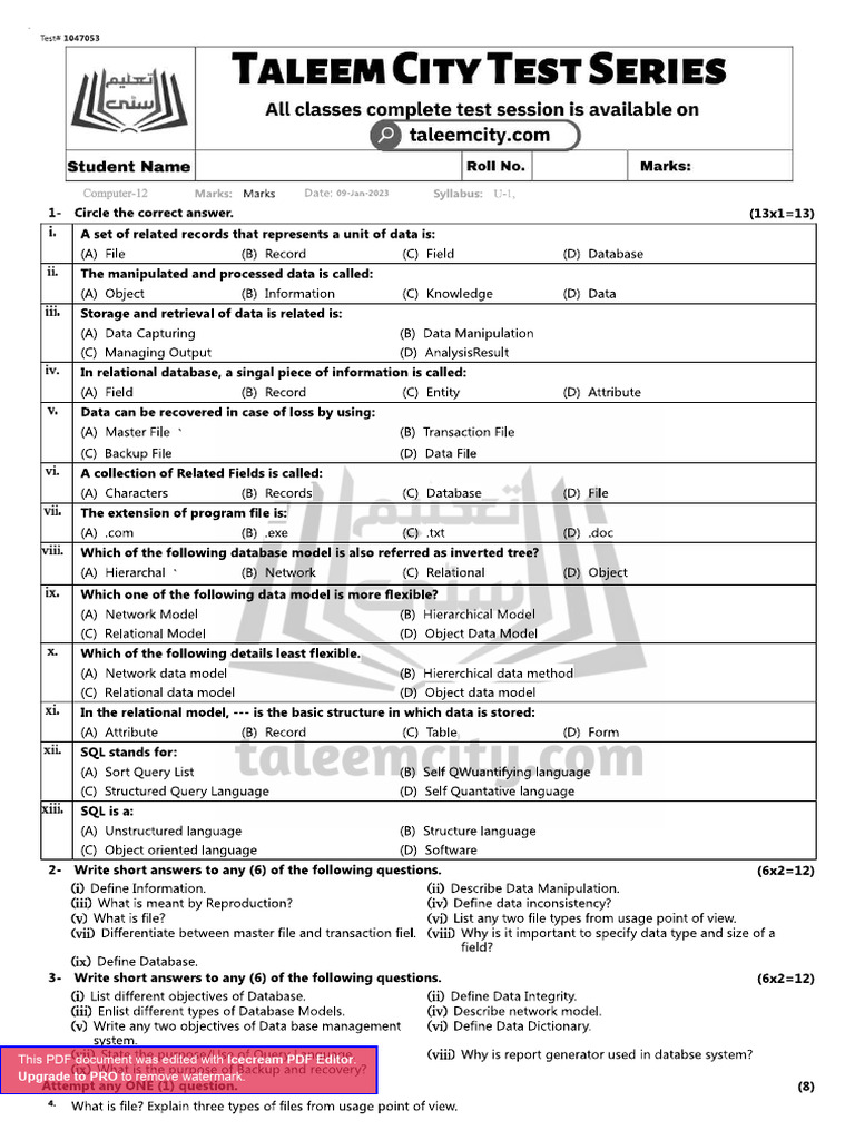Test Papers 12th Computer | PDF | Paper | Communication Design
