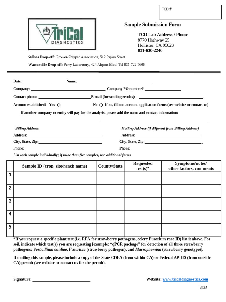 TCD Lab Sample Submission Form | PDF