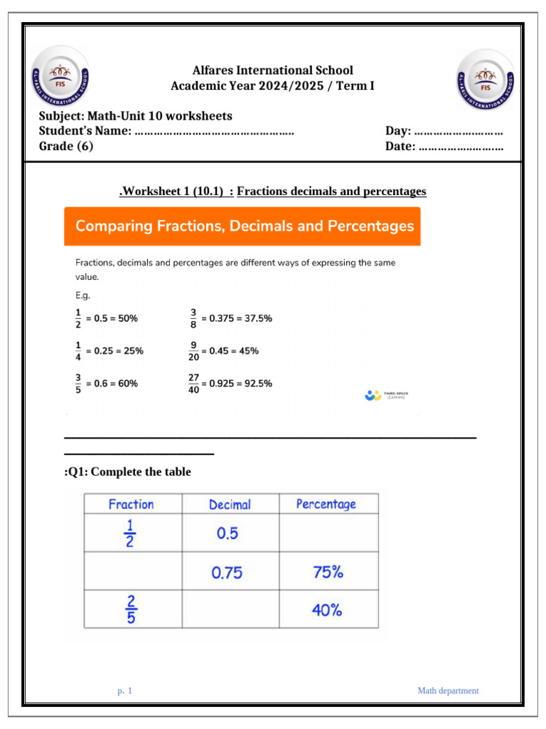 Grade 6 Math Worksheets: Fractions & Percentages | PDF | Economies ...