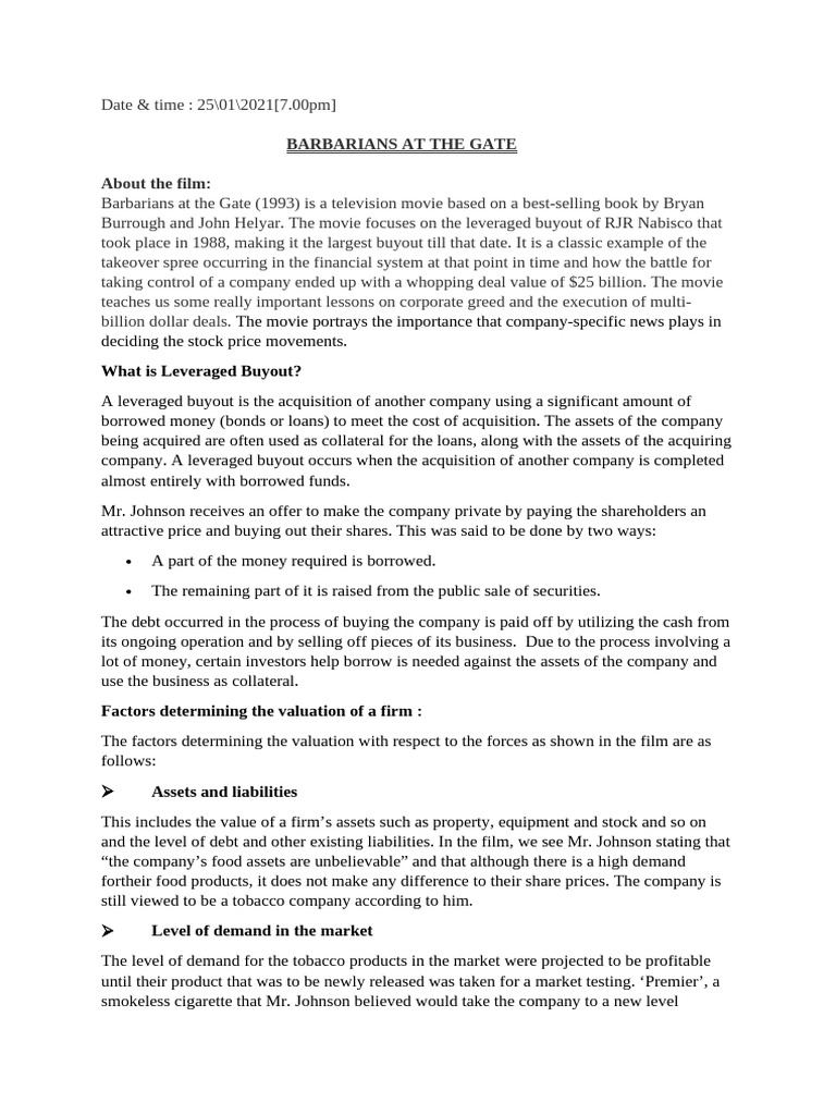 Barbarians at The Gate PDF Leveraged Buyout Takeover