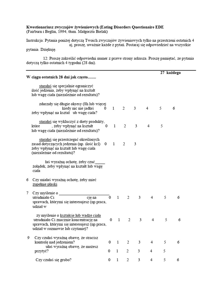 .Kwestionariusz Zwyczajow Zywieniowych - EDE-Q | PDF