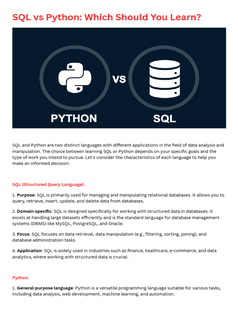 SQL vs Python Which Should You Learn 1686371031 | PDF | Databases | Sql