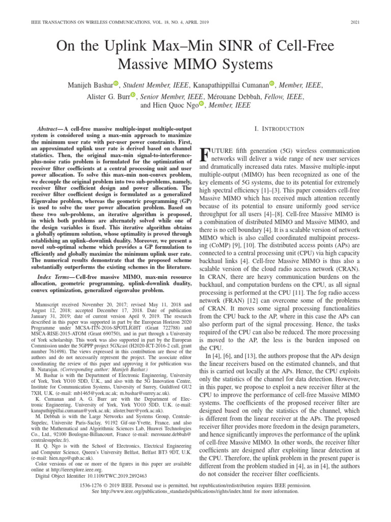 New The Uplink Max-Min SINR of Cell-Free Massive MIMO Systems | PDF ...