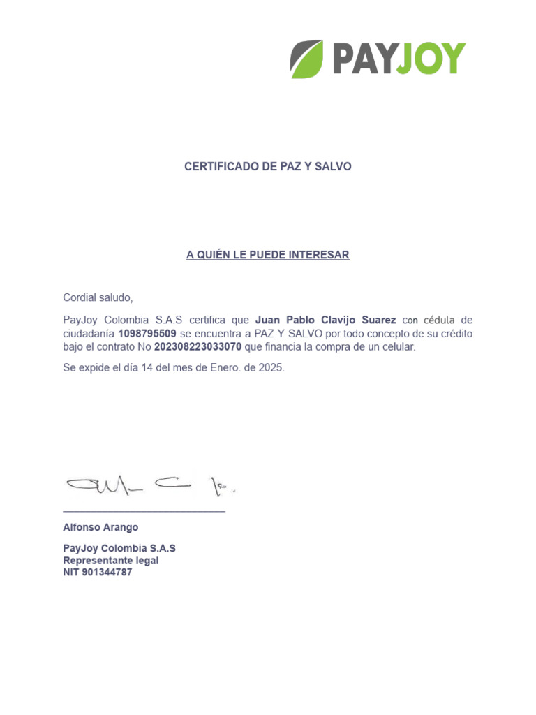 Certificado Paz y Salvo Juan Clavijo | PDF