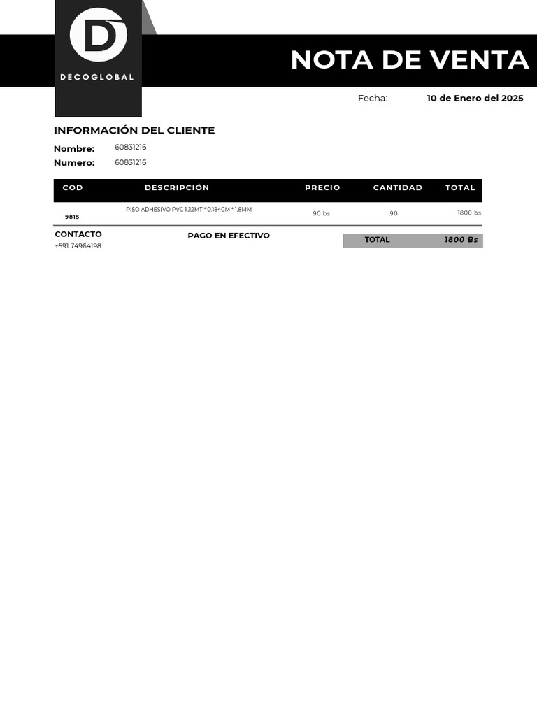 Nota de Venta: Piso Adhesivo PVC 1.22MT | PDF