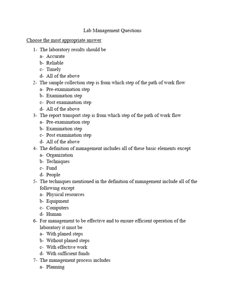 Lab Management Exam Questions & Answers | PDF | Goal | Laboratories
