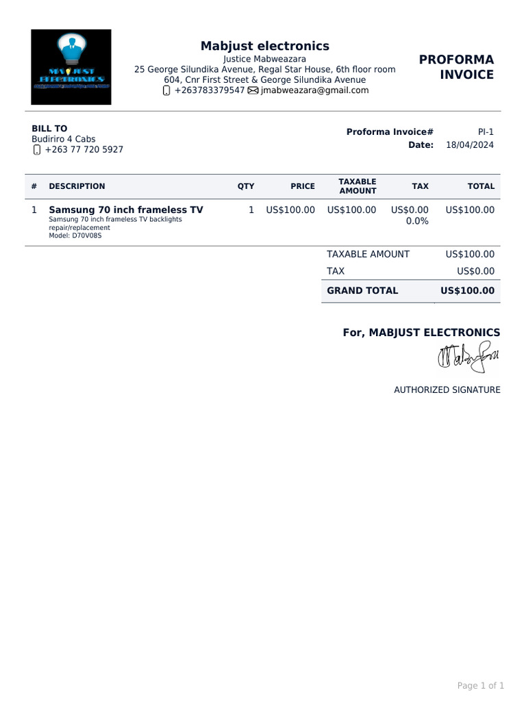 Mabjust Electronics Proforma Invoice: Samsung 70 Inch Frameless TV | PDF