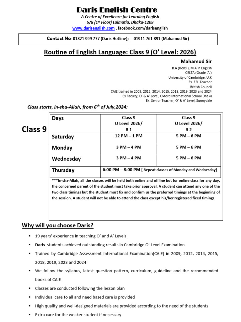O' Level 2026 Class Routine at Daris | PDF