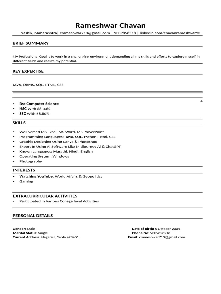 Rameshwar Chavan: Java & SQL Expert Resume | PDF