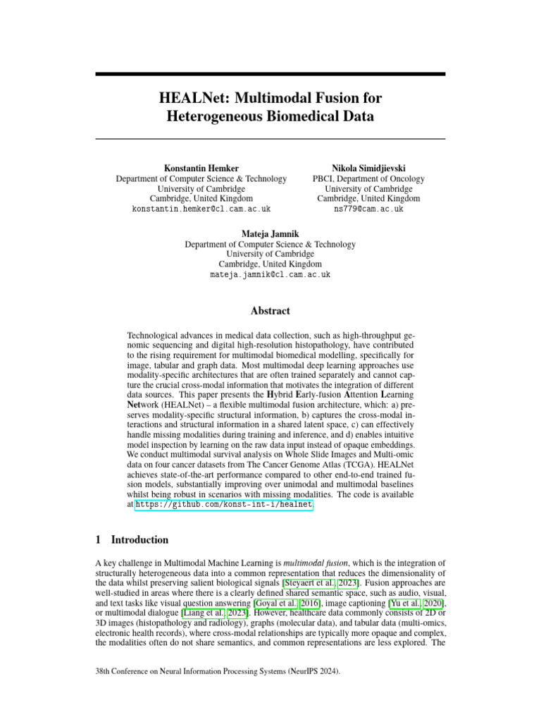 HEALNet: Multimodal Fusion for Biomedical Data | PDF | Artificial ...