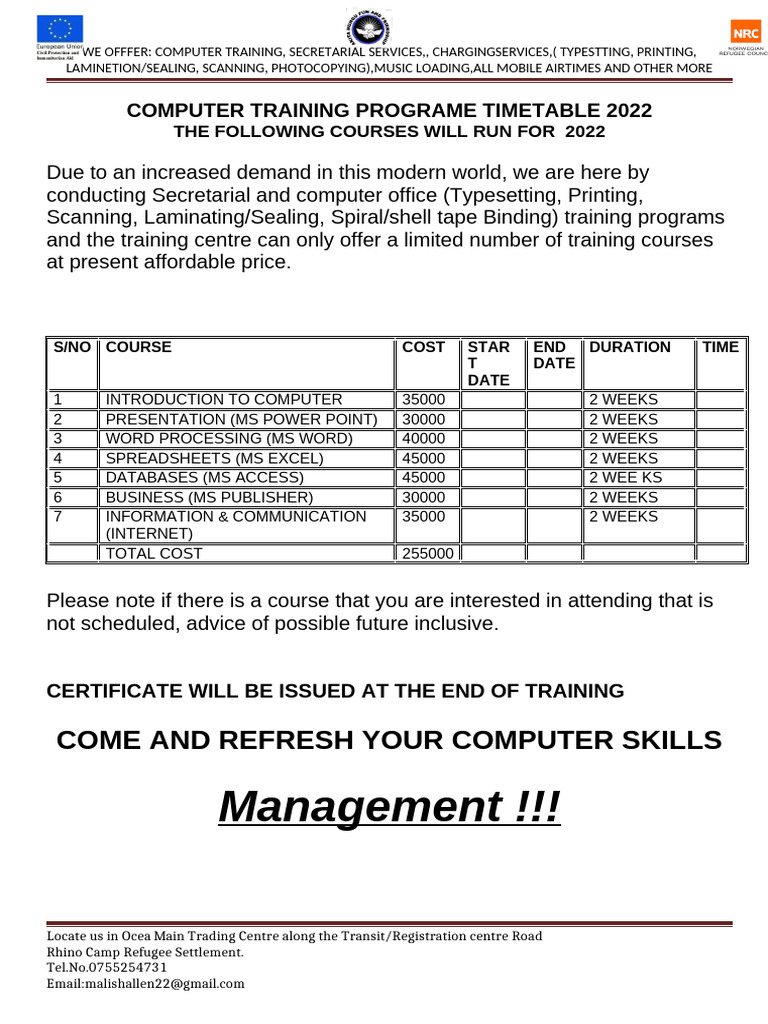 Computer Training Programe Payment Fee Structure | PDF
