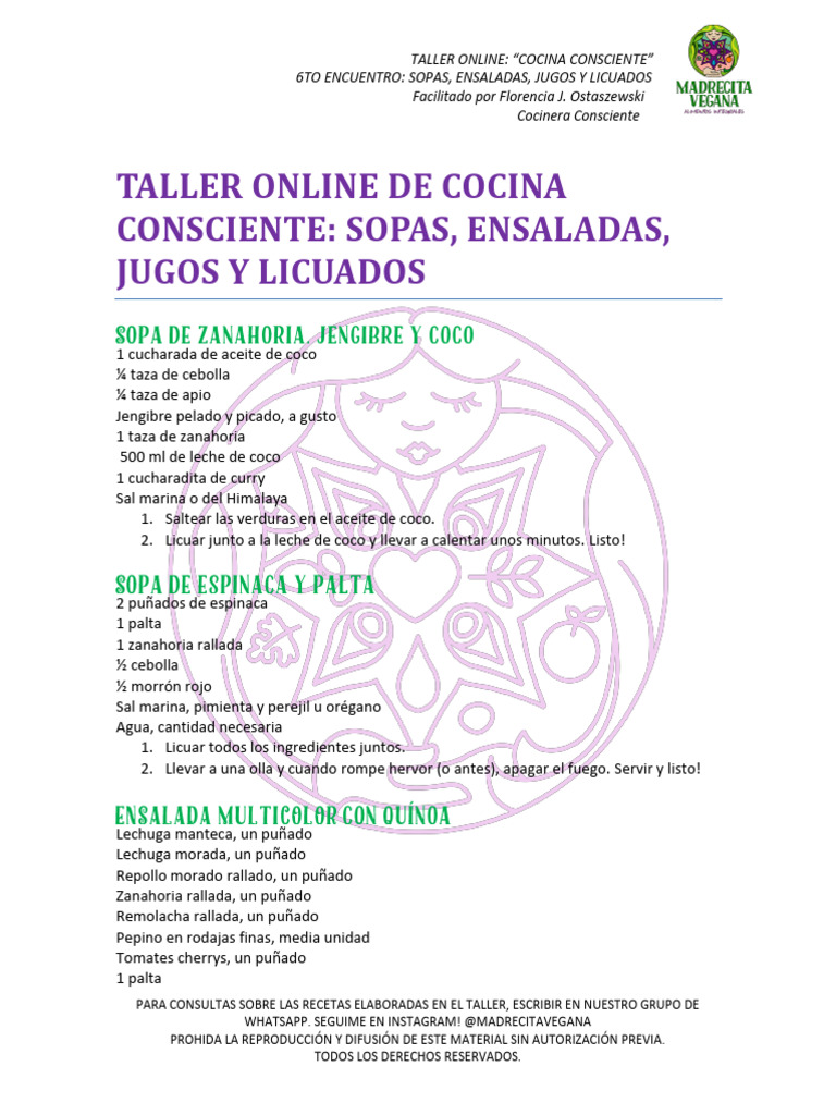 Taller de Cocina Consciente: Recetas Veganas | PDF | ensalada | Cocina
