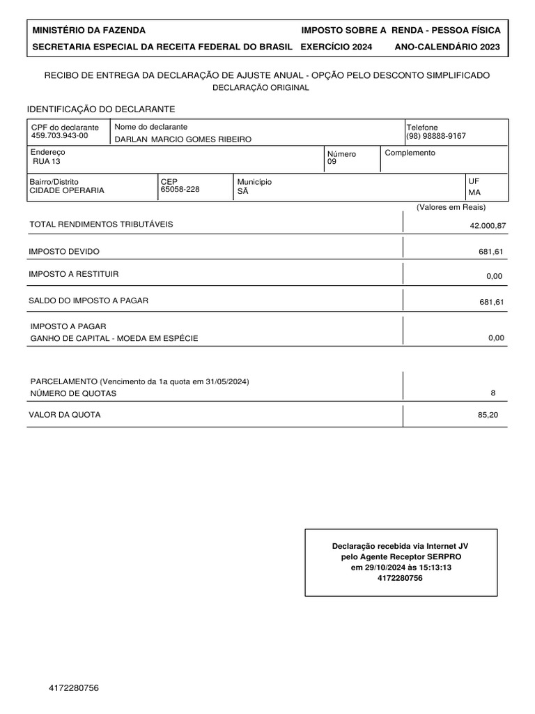 Recibo Retificado 2024 Darlam M G Rib | PDF | Imposto de Renda | Impostos