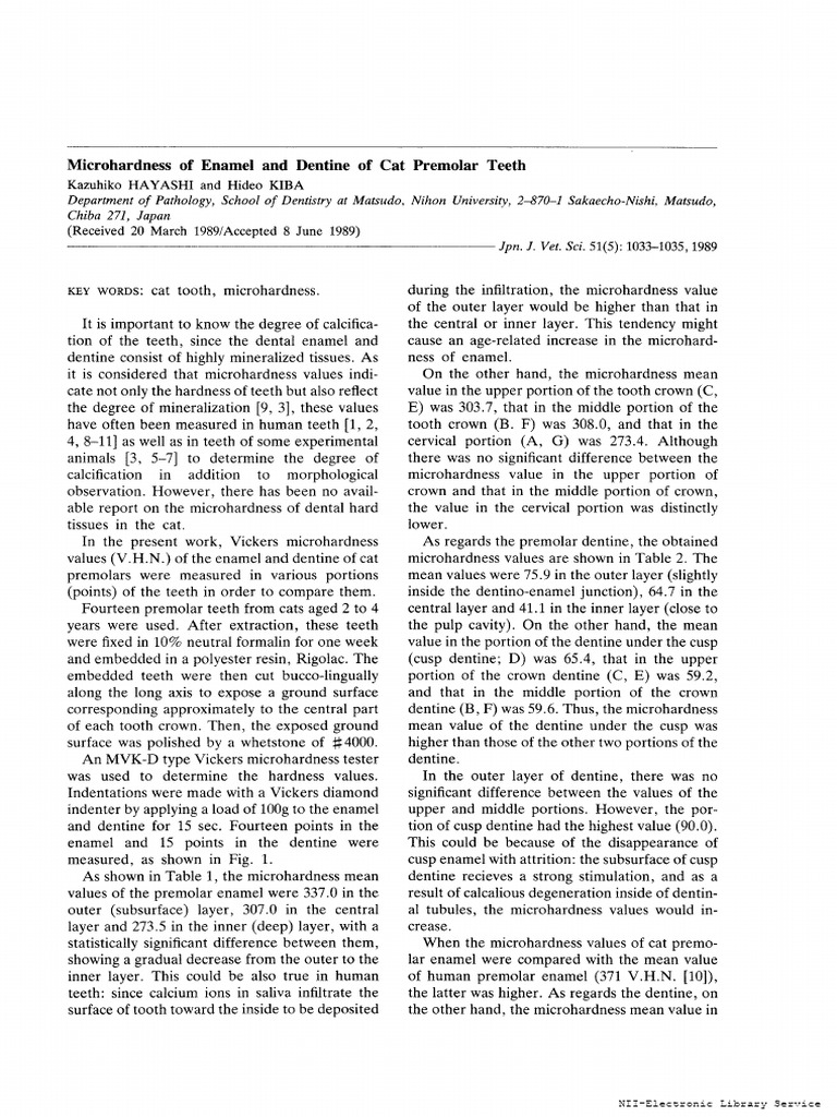 Microhardness of Enamel and Dentine of Cat Premolar Teeth | PDF
