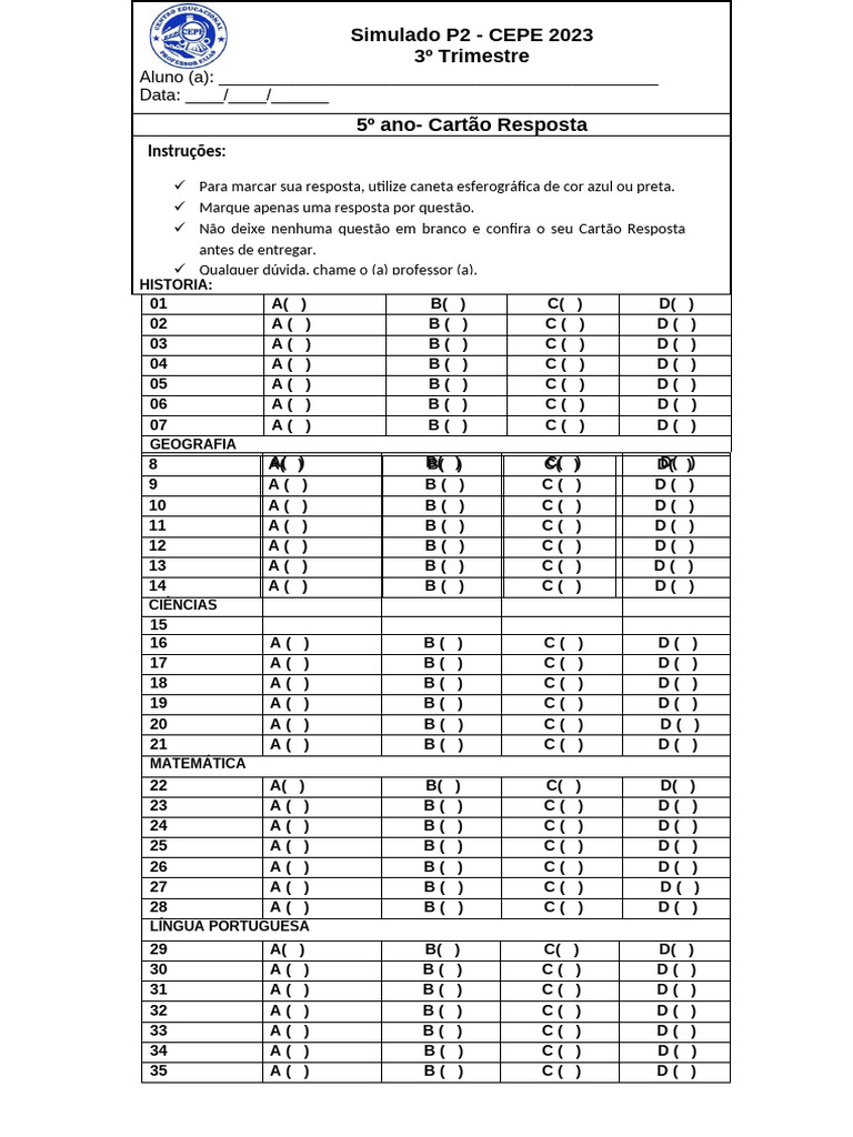 Simulado 5º Ano - CEPE 2023 | PDF