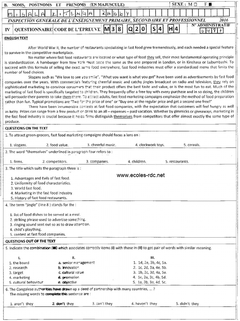 Items Exetat 2016 Anglais Francais S2 Code M38 | PDF