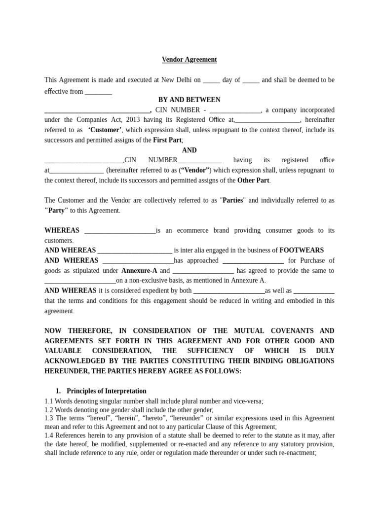 Vendor Agreement Template | PDF | Employment | Indemnity