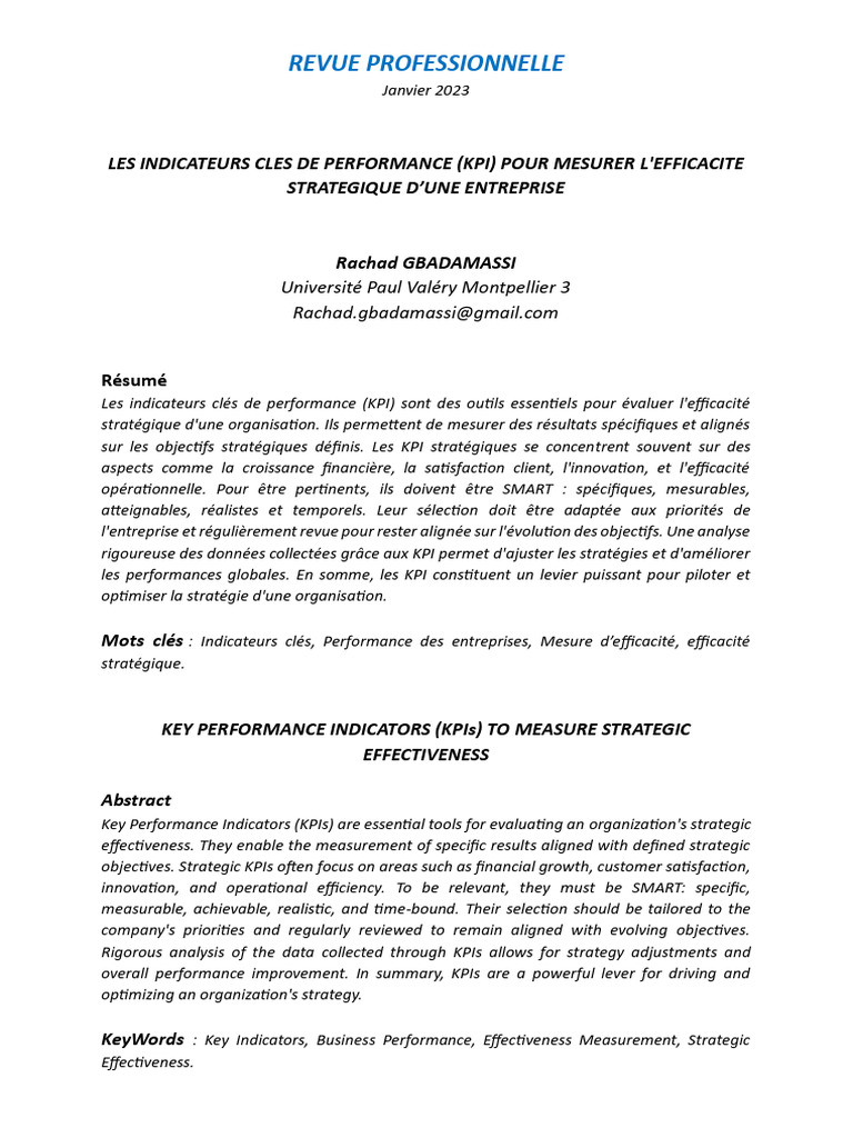 Les Indicateurs Clés de Performance | PDF | Indicateur des performances ...