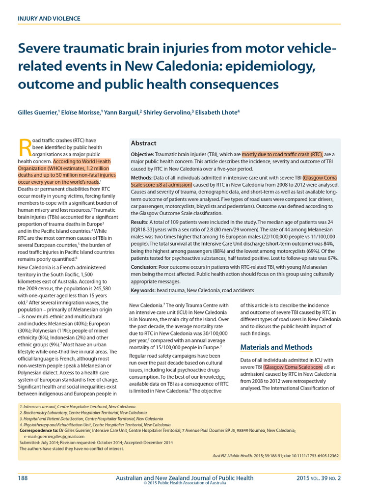 RTC-Related TBI in New Caledonia Study | PDF | Traumatic Brain Injury ...