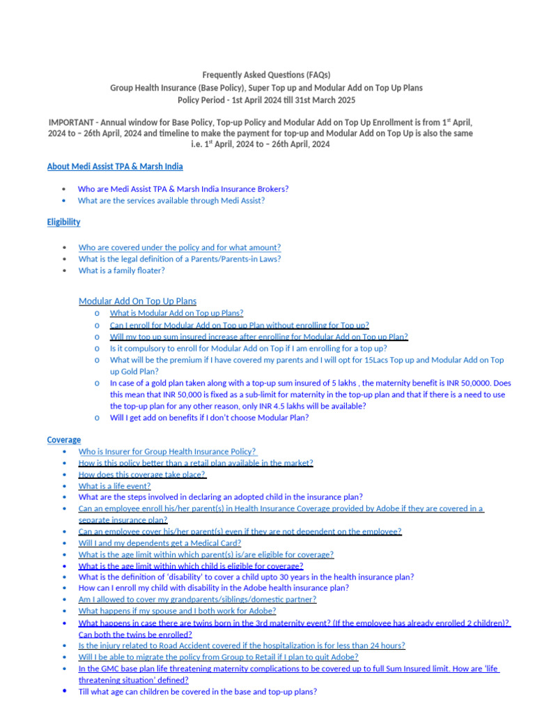 Adobe Group Health Insurance FAQs 2024 | PDF | Medical Prescription ...