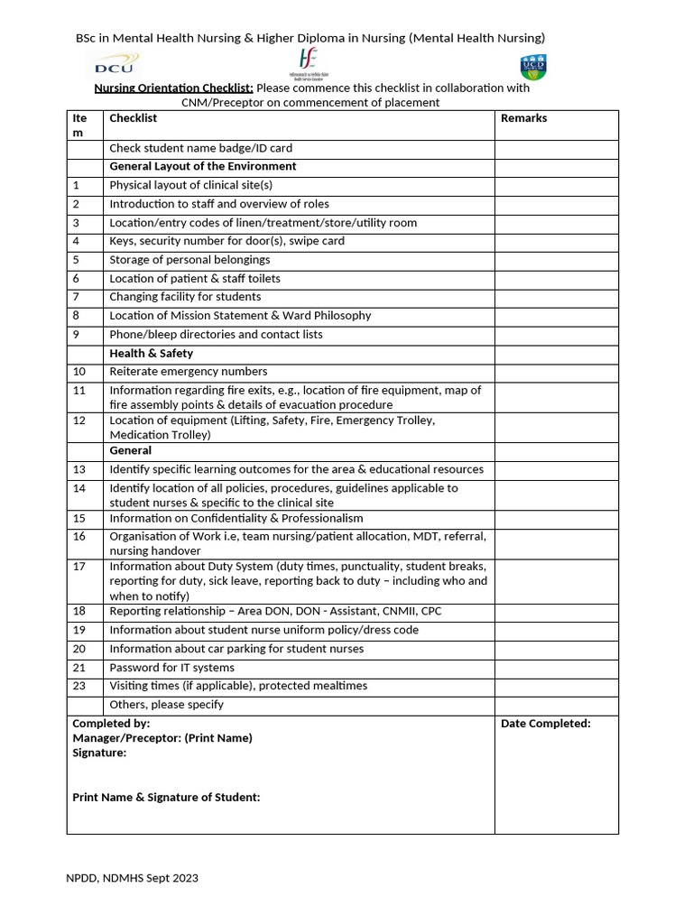 Nursing Orientation Checklist for Students | PDF