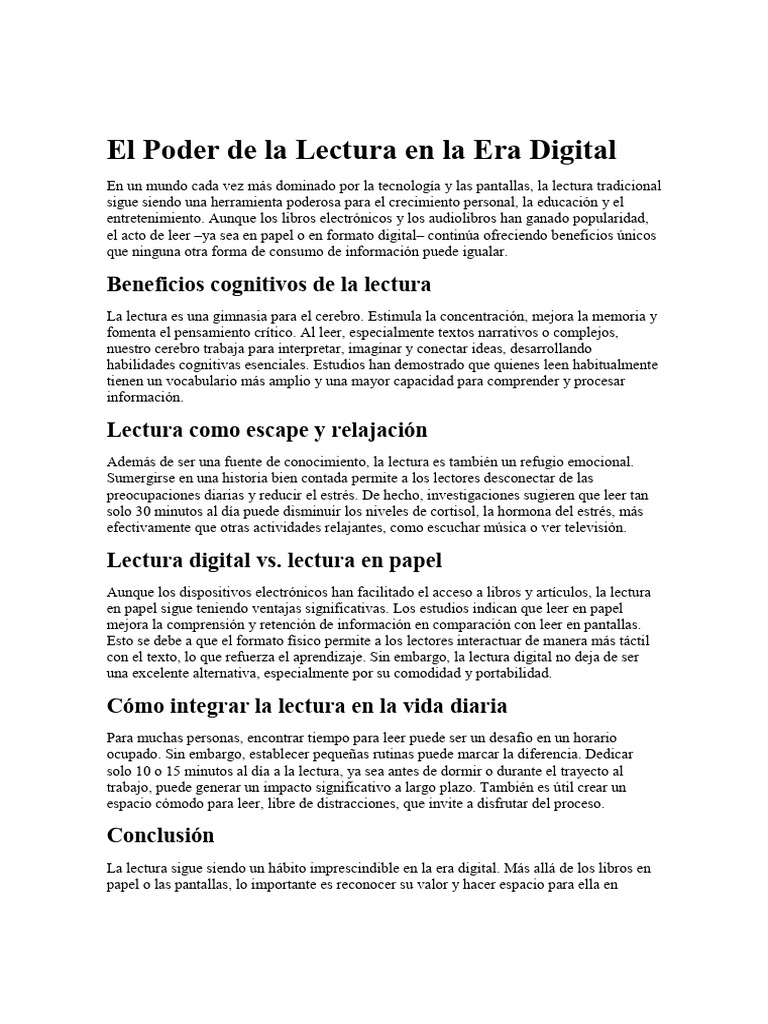 Beneficios de la Lectura en la Era Digital | PDF | Ciencia cognitiva ...