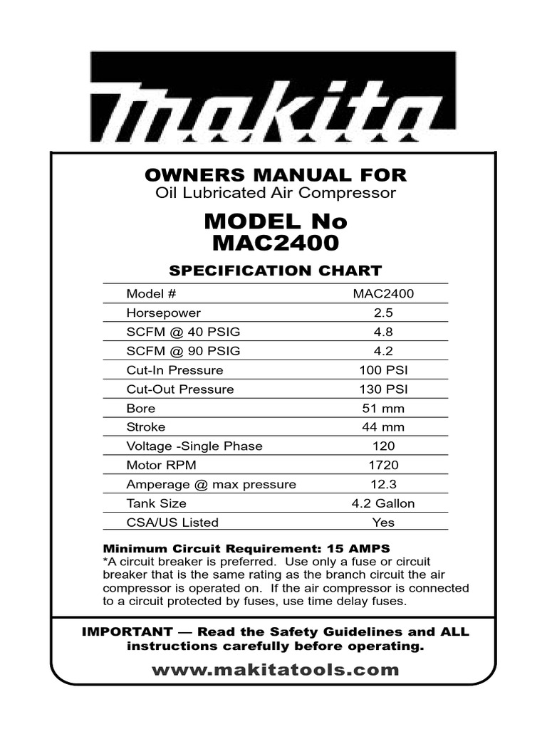 MAC2400 Oil Lubricated Air Compressor Manual | PDF | Valve | Fuse ...