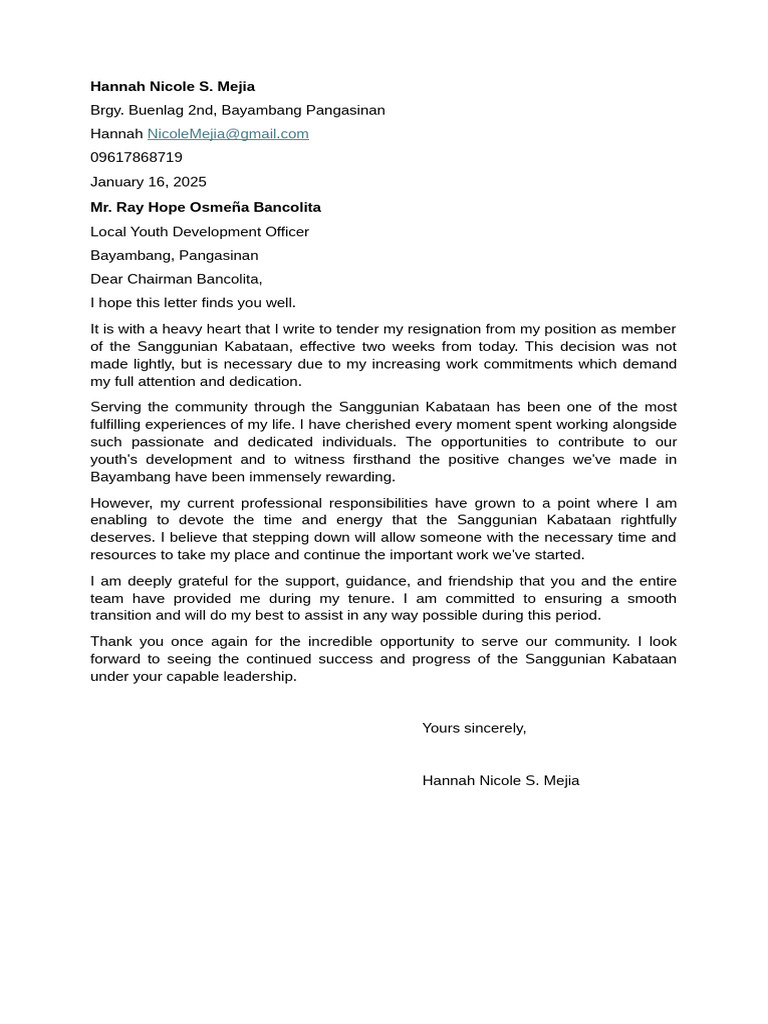 Resignation Letter from Sanggunian Kabataan | PDF