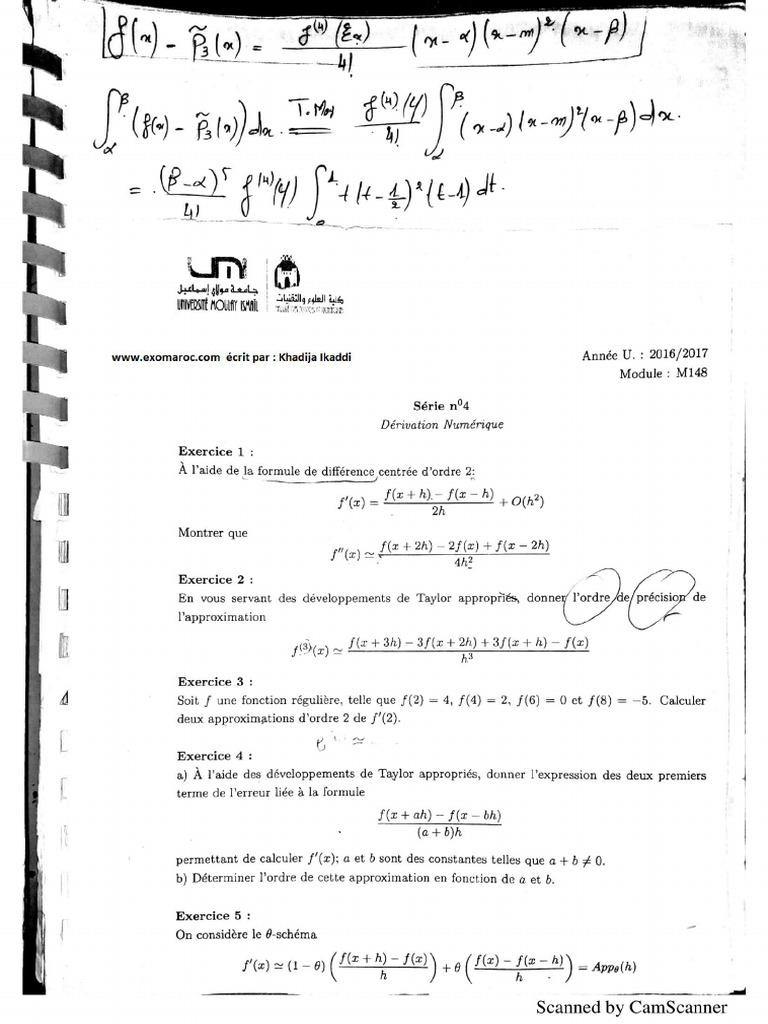TD Corrigés Analyse Numerique Derivation Numerique Exomaroc | PDF