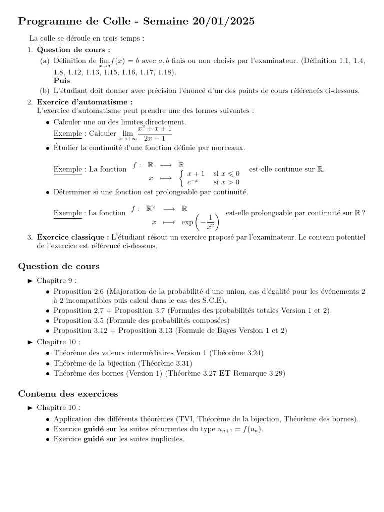Programme de Colle 20 01 | PDF | Mathématiques | Logique mathématique