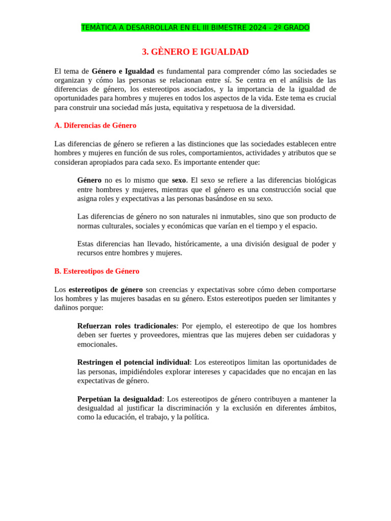 Género e Igualdad en 2º Grado 2024 | PDF | Estudios de género ...