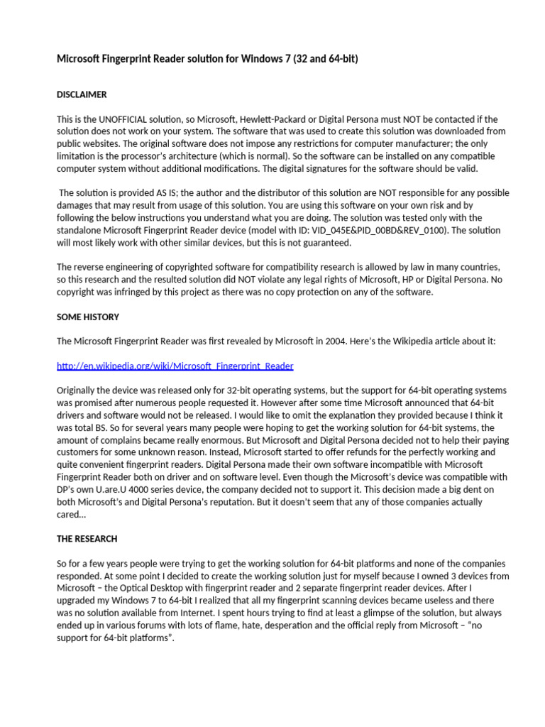 Microsoft Fingerprint Reader Solution For Windows 7 | PDF | Microsoft ...