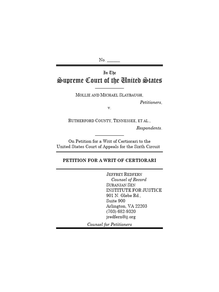 Petition For A Writ of Certiorari, Slaybaugh v. Rutherford County, No ...