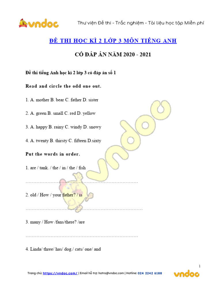 De Thi Hoc Ki 2 Lop 3 Mon Tieng Anh Nam 2021 So 2 | PDF