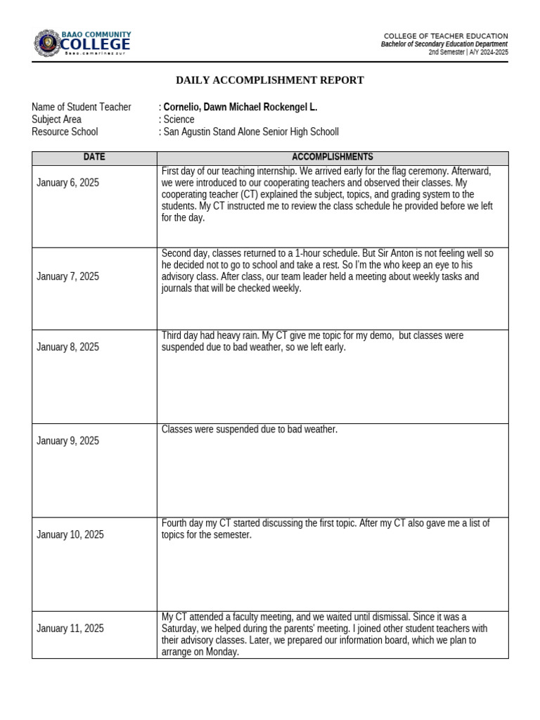 Daily Accomplishment Report: Teaching Internship | PDF