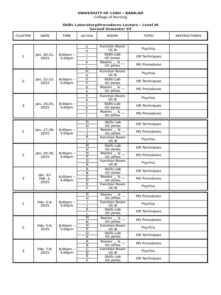 UC Banilad Nursing Skills Lab Schedule | PDF