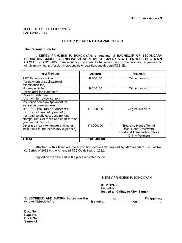 NERSY Annex 3 Letter of Availment For TES 3B - Updated | PDF
