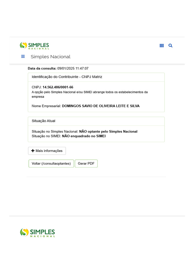 Consulta Simples Nacional: Não Optante | PDF
