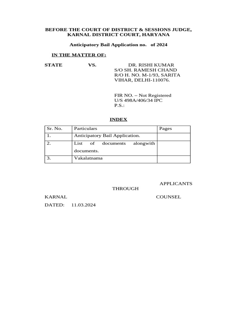 Anticipatory Bail Application Format | PDF | Affidavit | Bail