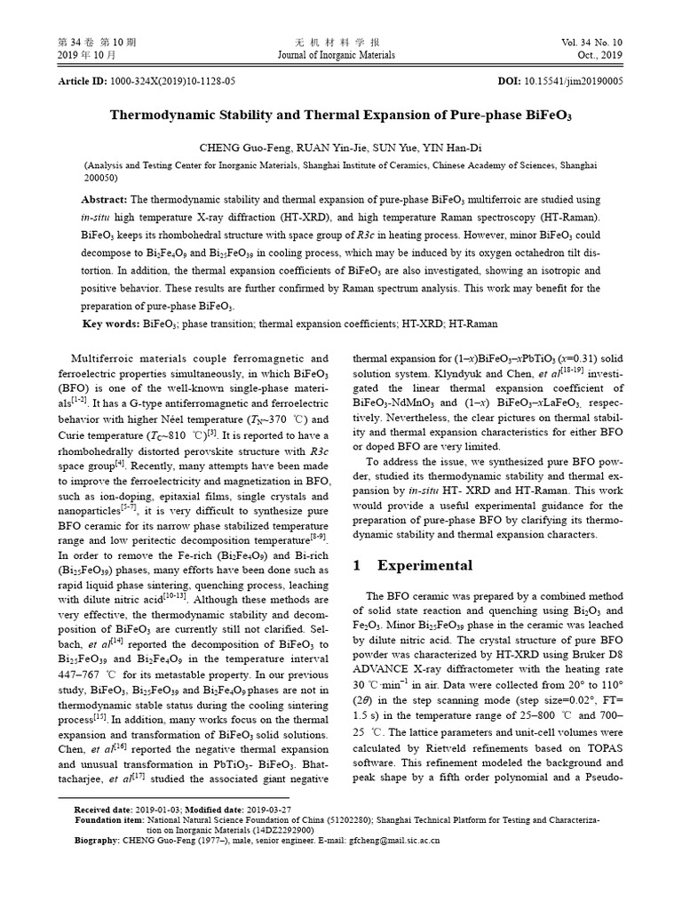 Thermodynamic Stability and Thermal Expansion of Pure-Phase BiFeO3 ...