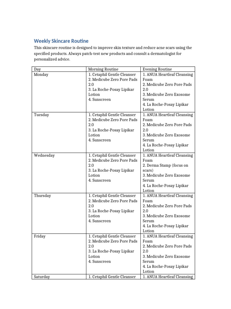 Weekly Skincare Routine for Acne Scars | PDF | Skin Care | Beauty