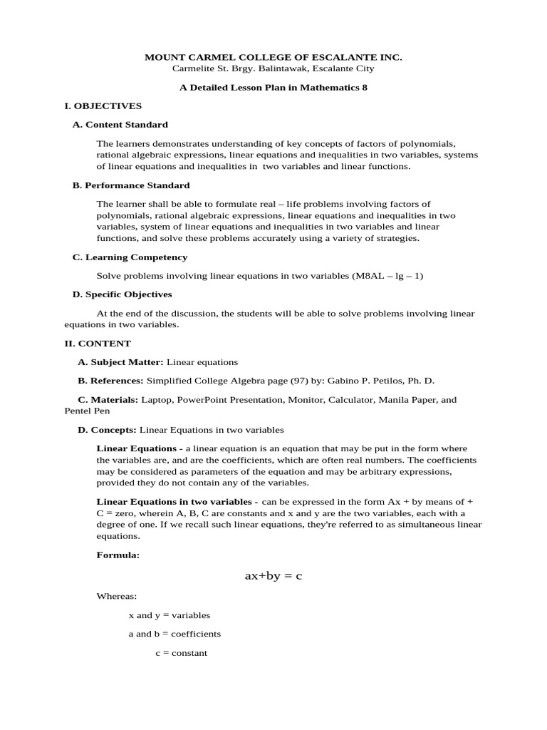Lesson Plan: Solving Linear Equations | PDF | Variable (Mathematics ...