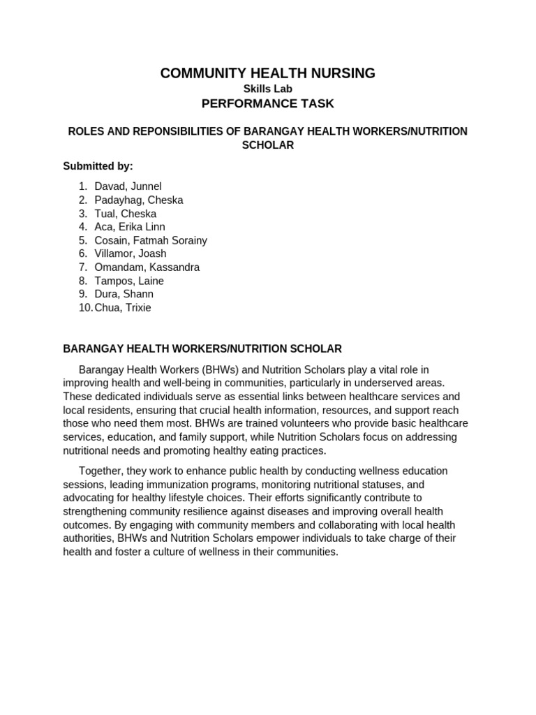 Roles of Barangay Health Workers | PDF | Health Care | Health Promotion