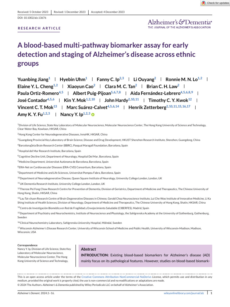Alzheimer S Dementia - 2024 - Jiang - A Blood Based Multi Pathway ...