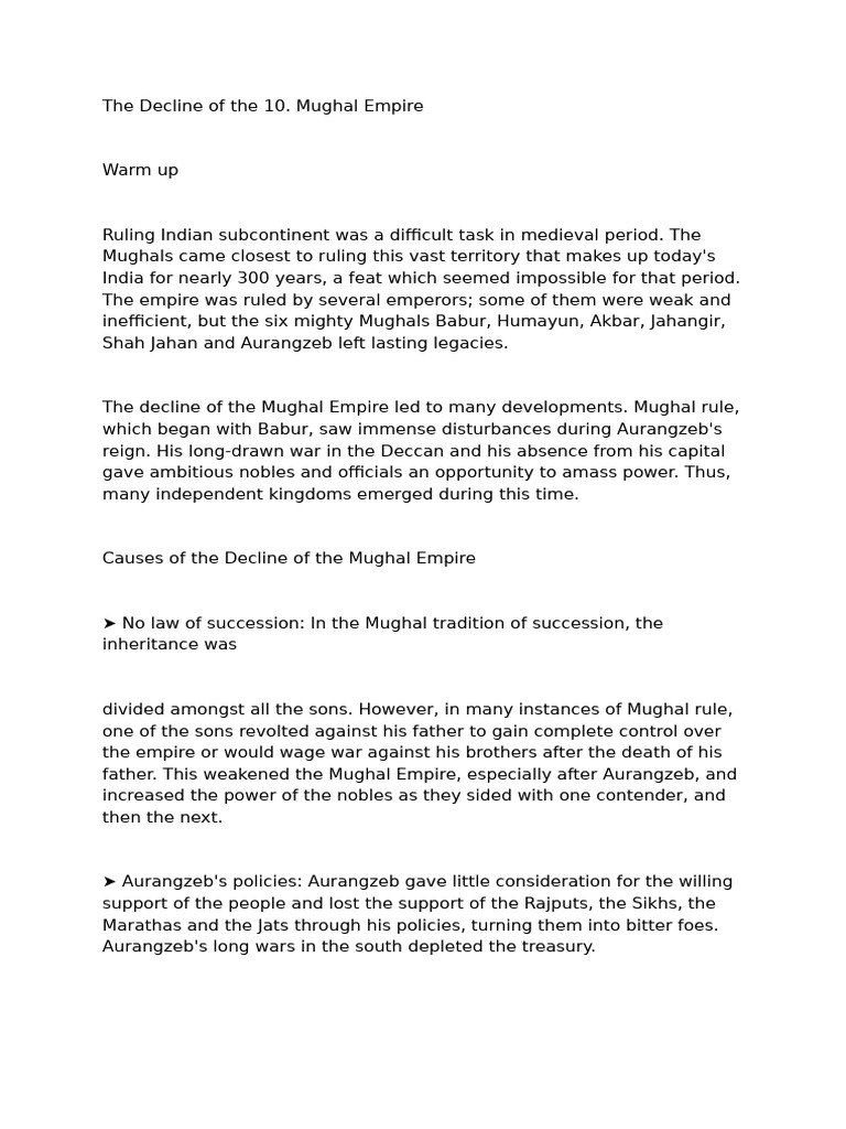 Text Note of The Decline of The Mughal Empire | PDF | Mughal Empire